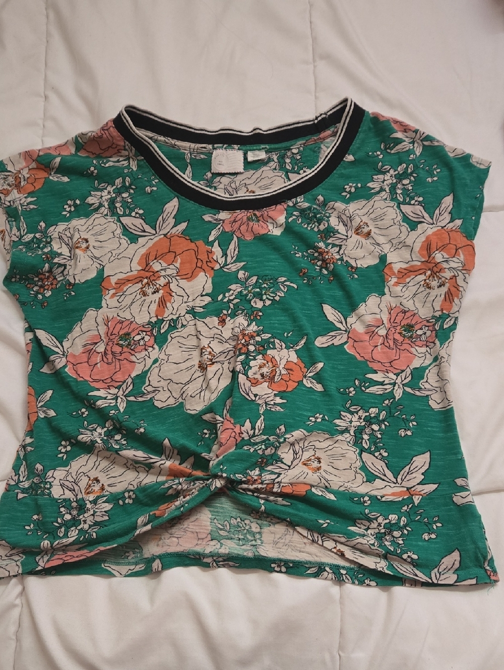 Anthropologie Postage Stamp Floral Twist Front Short Sleeve Top - Green